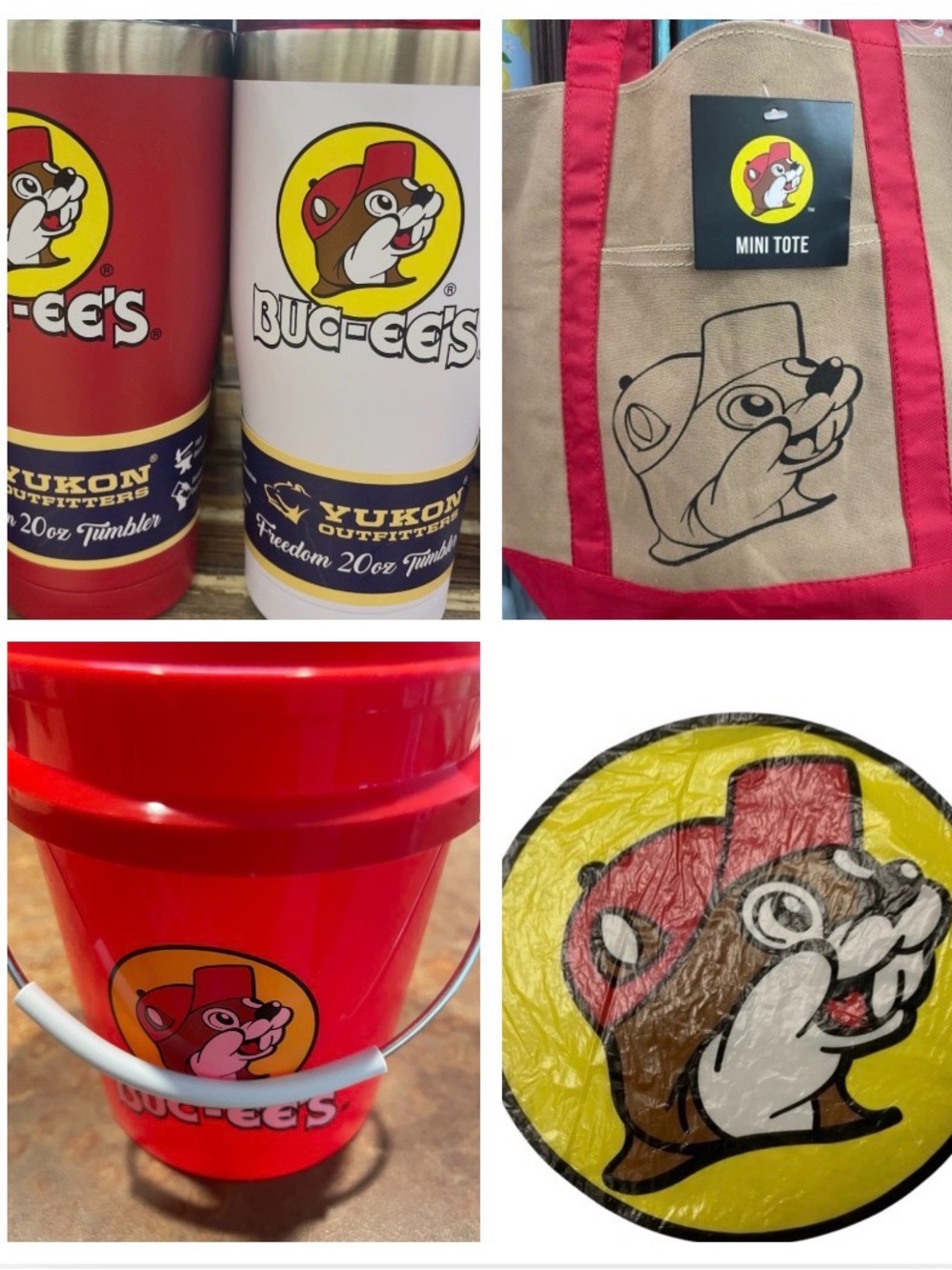 Two Buc-ee’s Stainless Tumblers — Red & White LogosW/ 1 Red Mini Tote & 1 Bucket
